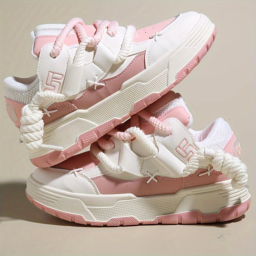 Women's Cute Chunky Lace-Up Sneakers - Pink, Low-Top, Thick Sole, Casual Athletic Shoes - Fabric/PU Upper, Rubber Sole, All-Season Design